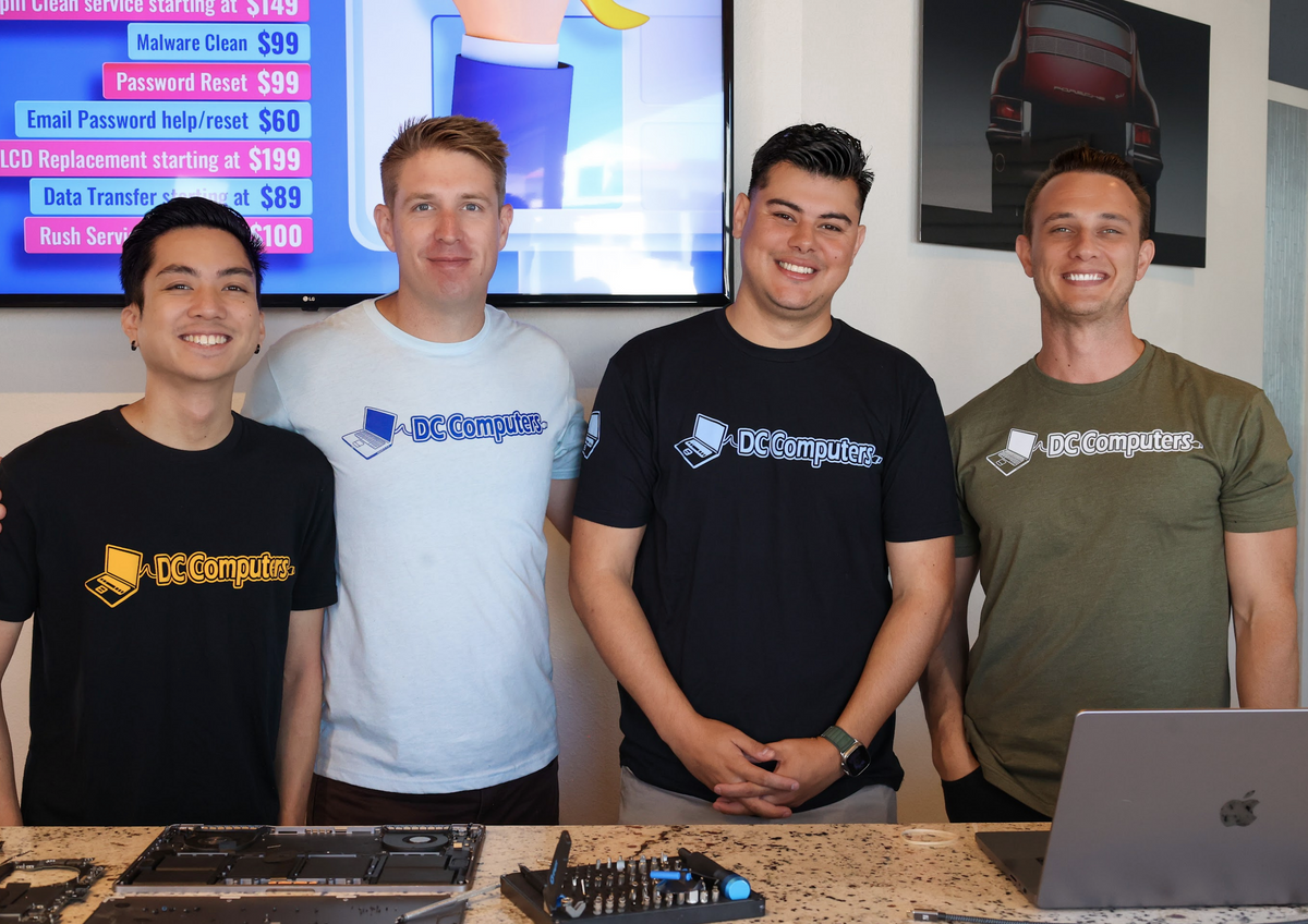 The DC Computers team, Daniel, Chris and the crew in their DC Computers shirts at the Hillcrest, San Diego shop